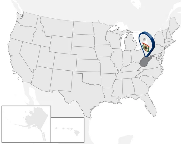 Ubicazione Mappa di Stato West Virginia sulla mappa Stati Uniti d'America. 3d Stato West Virginia mappa marcatore posizione pin. Mappa di alta qualità della Virginia Occidentale. Illustrazione vettoriale EPS10 . — Vettoriale Stock