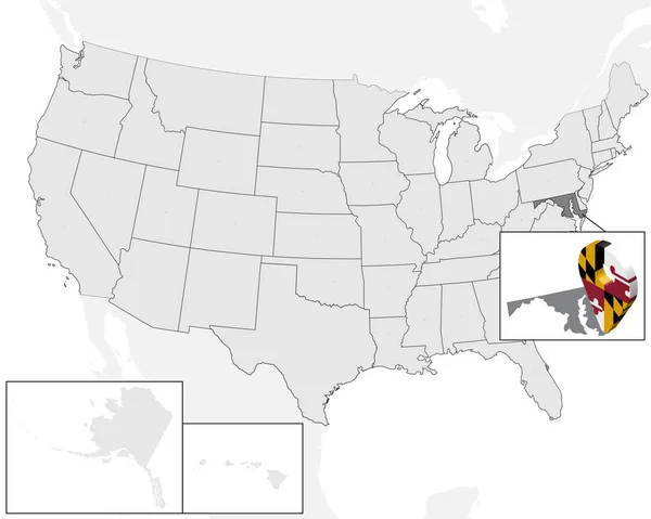 Ubicazione Mappa di Stato del Maryland sulla mappa Stati Uniti. 3d Stato Maryland mappa marcatore posizione pin. Mappa di alta qualità del Maryland. Illustrazione vettoriale EPS10 . — Vettoriale Stock