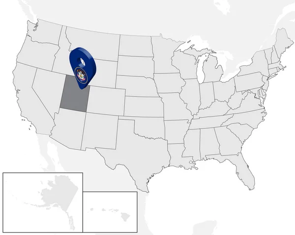 Peta lokasi negara bagian Utah di peta Amerika Serikat. 3d Penanda lokasi peta Utah. Peta berkualitas tinggi Utah. Ilustrasi Vektor EPS10 . - Stok Vektor