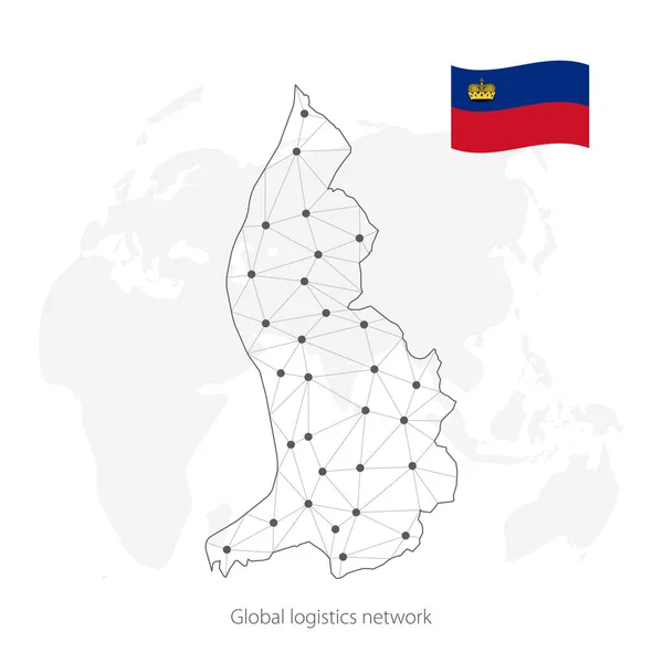 Concepto de red logística global. Mapa de la red de comunicaciones Liechtenstein en el contexto mundial. Mapa de Liechtenstein con nodos en estilo poligonal y bandera. Ilustración vectorial EPS10 . — Archivo Imágenes Vectoriales