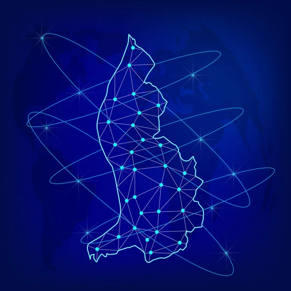 Concetto di rete logistica globale. Mappa della rete di comunicazione Liechtenstein sullo sfondo mondiale. Mappa del Liechtenstein con nodi in stile poligonale. Illustrazione vettoriale EPS10 . — Vettoriale Stock
