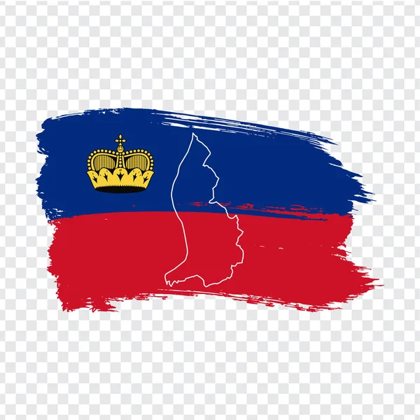 Vlag van Liechtenstein van penseelstreken en blanco kaart Liechtenstein. Hoge kwaliteit kaart Vorstendom Liechtenstein en vlag op transparante achtergrond. Stock vector. Vector illustratie Eps10. — Stockvector