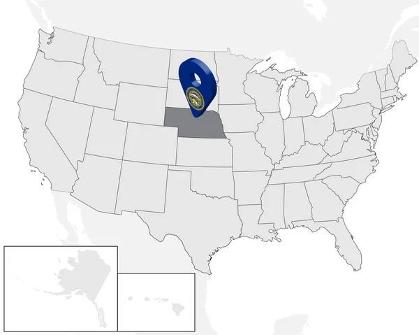 Mapa de Estado Nebraska en el mapa USA. 3d Estado Nebraska bandera mapa marcador ubicación pin. Mapa de alta calidad de Nebraska. Ilustración vectorial EPS10 . — Vector de stock