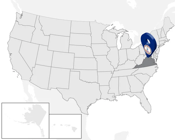 Karta över State Virginia på karta USA. 3D State Virginia flagga karta markörplats stift. Hög kvalitet karta över Virginia. Vektor illustration Eps10. — Stock vektor