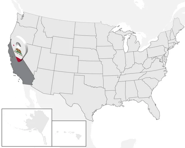 Localisation Californie sur la carte États-Unis. 3d State California flag map marker location pin. Carte de haute qualité de la Californie. Illustration vectorielle EPS10 . — Image vectorielle