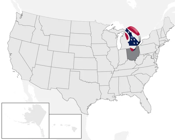 ПозКарта Штата Огайо на карте США. Третий значок местоположения флага штата Огайо. Высококачественная карта Огайо. Векторная иллюстрация EPS10 . — стоковый вектор