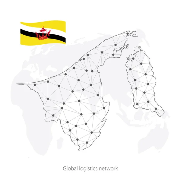 Concepto de red logística global. Mapa de la red de comunicaciones Brunei en el contexto mundial. Mapa de Brunei Darussalam con nodos en estilo poligonal y bandera. Ilustración vectorial EPS10 — Archivo Imágenes Vectoriales