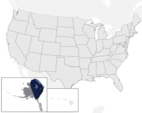 Läge karta Alaska på karta USA. Amerikas förenta stater. 3D Geolocation tecken som flagga av staten Alaska. Hög kvalitet karta över Alaska. Vektor illustration Eps10. — Stock vektor