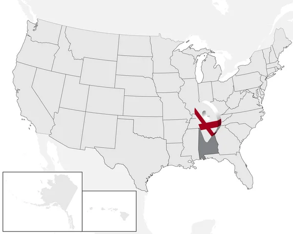 Mappa Alabama sulla mappa Stati Uniti. Stati Uniti d'America. Segno di geolocalizzazione 3D come bandiera dell'Alabama di stato. Mappa di alta qualità dell'Alabama. Illustrazione vettoriale EPS10 . — Vettoriale Stock