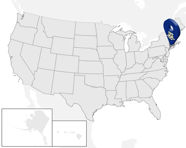 Mappa Connecticut sulla mappa Stati Uniti. Stati Uniti d'America. Segno di geolocalizzazione 3d come bandiera di stato del Connecticut. Mappa di alta qualità del Connecticut. Illustrazione vettoriale EPS10 . — Vettoriale Stock