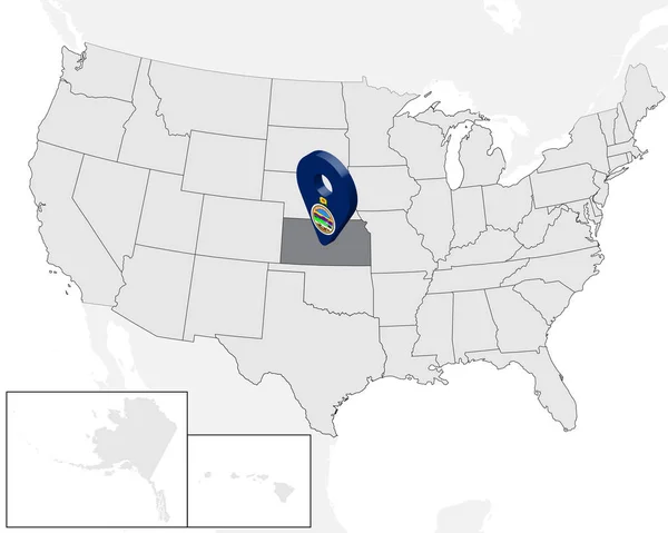 Mapa umístění Kansas na mapě USA. Spojené státy americké. 3D geolokace symbol jako vlajka státu Kansas. Kvalitní mapa Kansasu. Vektorová ilustrace Eps10. — Stockový vektor