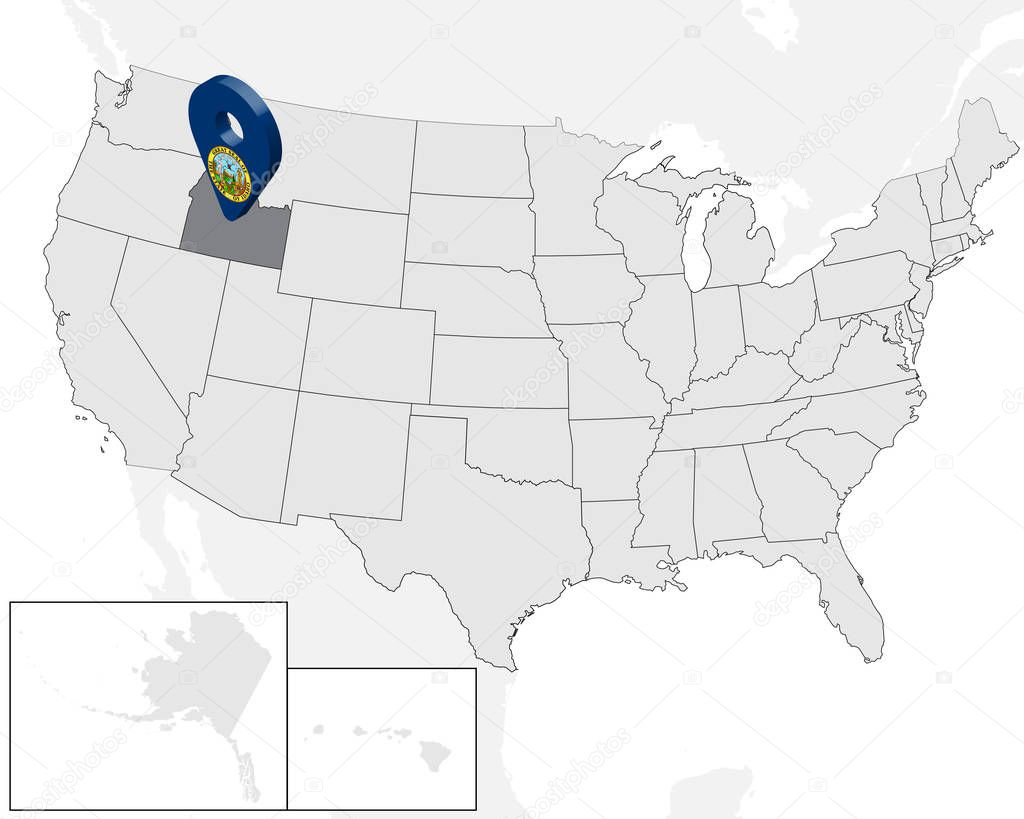 Location Map Idaho on map USA. United States of America. 3d geolocation sign like flag of state Idaho. High quality map of Idaho.  Vector illustration EPS10.