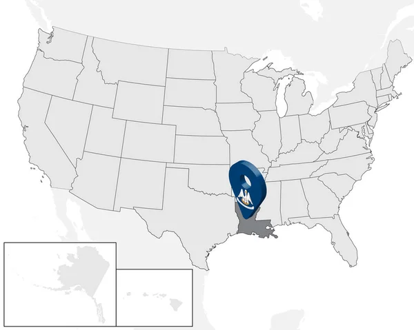 Locatie kaart Louisiana op de kaart USA. Verenigde Staten van Amerika. 3D geolocatie teken als vlag van staat Louisiana. Hoge kwaliteit kaart van Louisiana. Vector illustratie Eps10. — Stockvector