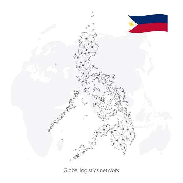 Концепція глобальної логістичної мережі. Мережа комунікацій карта Філіппін на світовому фоні. Карта Філіппін з вузлами в полігональної стилі і прапора. Векторна ілюстрація Eps10. — стоковий вектор