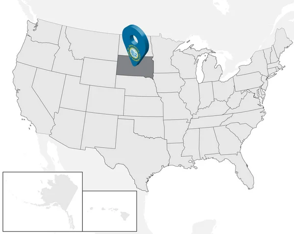 Mappa South Dakota sulla mappa Stati Uniti. Stati Uniti d'America. Segno di geolocalizzazione 3d come bandiera di stato del Dakota del Sud. Mappa di alta qualità del Dakota del Sud. Illustrazione vettoriale EPS10 . — Vettoriale Stock