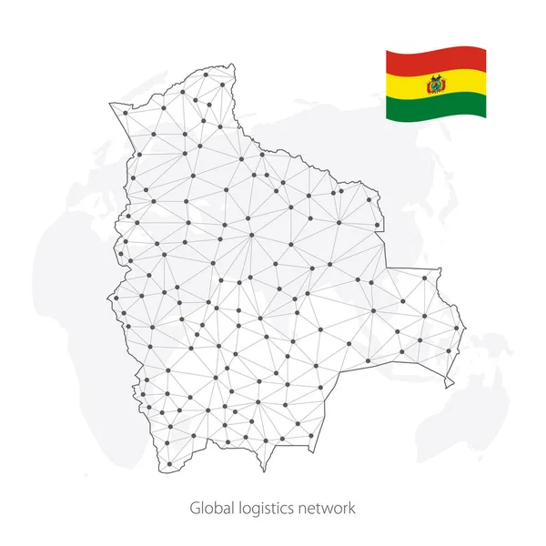 Concepto de red logística global. Mapa de la red de comunicaciones Bolivia en el contexto mundial. Mapa de Bolivia con nodos en estilo poligonal y bandera. Ilustración vectorial EPS10 . — Archivo Imágenes Vectoriales