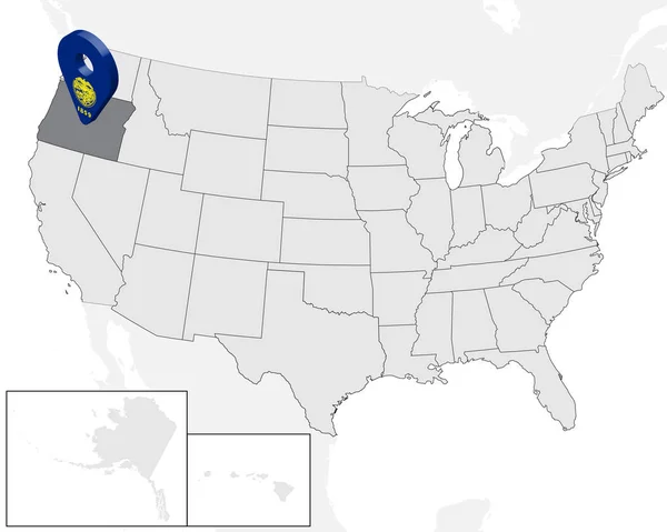 Mapa de Estado Oregon en el mapa USA. 3d Estado Oregon bandera mapa marcador ubicación pin. Mapa de alta calidad de Oregon. Ilustración vectorial EPS10 . — Vector de stock