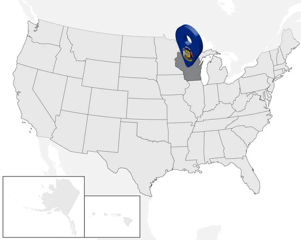 Mapa stanu Wisconsin na mapie Stany Zjednoczone Ameryki. 3D State Wisconsin flaga Mapa znacznik lokalizacji znacznika. Wysokiej jakości Mapa Wisconsin. Ilustracja wektorowa Eps10. — Wektor stockowy