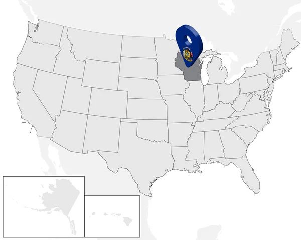 Lageplan des Staates Wisconsin auf Karte USA. 3d state wisconsin flag map marker location pin. qualitativ hochwertige Karte von Wisconsin. Vektorabbildung eps10. — Stockvektor