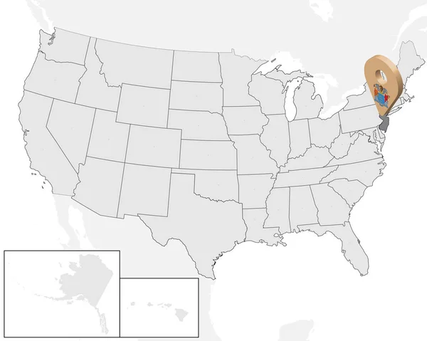 Τοποθεσία Χάρτης πολιτείας Νιου Τζέρσεϊ στο χάρτη ΗΠΑ. 3D πολιτεία Νιού Τζέρσεϊ σημαία χάρτη θέση δείκτης PIN. Χάρτης υψηλής ποιότητας του Νιού Τζέρσεϊ. Απεικόνιση διανυσματικών eps10. — Διανυσματικό Αρχείο