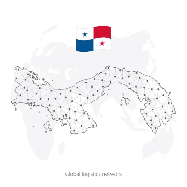 Concepto de red logística global. Mapa de la red de comunicaciones Panamá en el contexto mundial. Mapa de Panamá con nodos en estilo poligonal y bandera. Ilustración vectorial EPS10 . — Archivo Imágenes Vectoriales