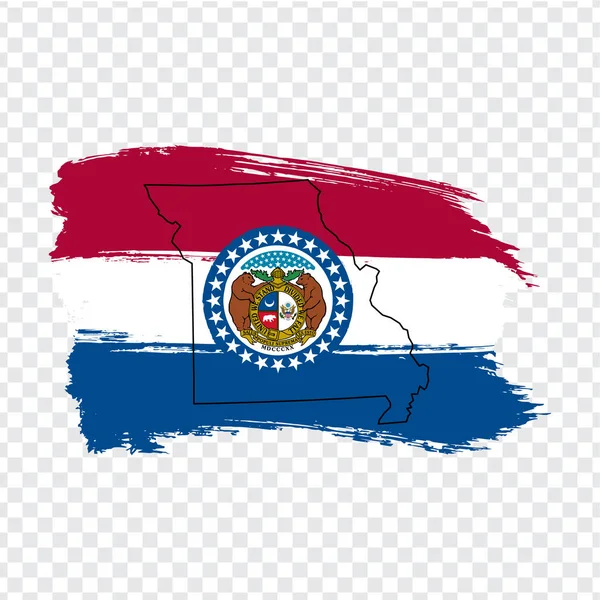 Bandeira do Missouri de pinceladas e mapa em branco do Missouri. Estados Unidos da América. Mapa de alta qualidade Missouri e bandeira em fundo transparente. Vetor de estoque. Ilustração vetorial EPS10 . — Vetor de Stock