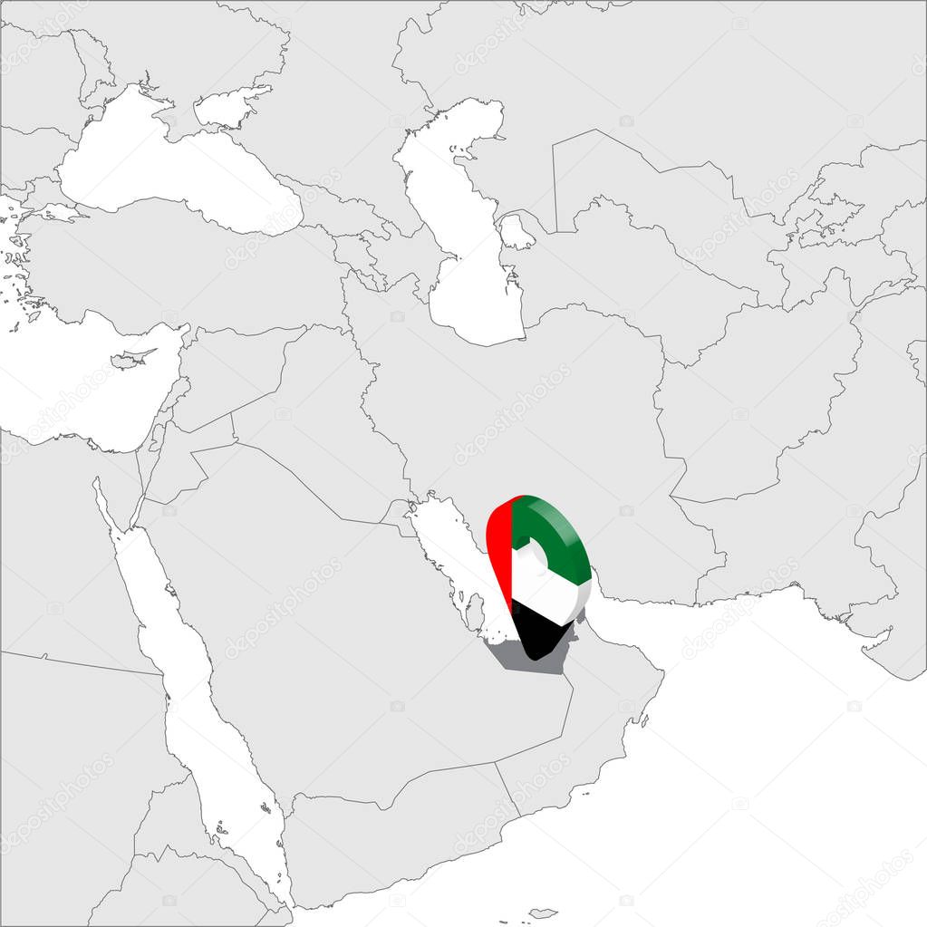 United Arab Emirates Location Map on map Asia. 3d United Arab Emirates flag map marker location pin. High quality map of UAE.  Vector illustration EPS10.