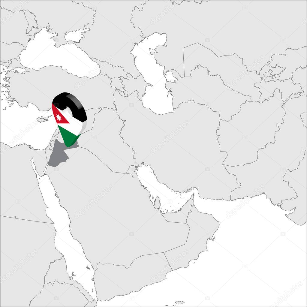 Jordan Location Map on map Asia. 3d Jordan flag map marker location pin. High quality map of Jordanian Kingdom.  Vector illustration EPS10.