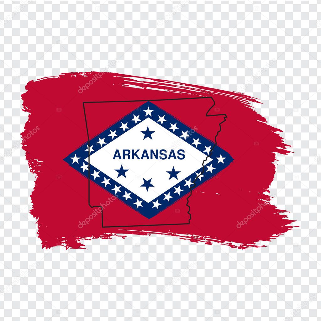 Flag of Arkansas from brush strokes and Blank map of Arkansas. United States of America. High quality map Arkansas and flag on transparent background. Stock vector. Vector illustration EPS10.