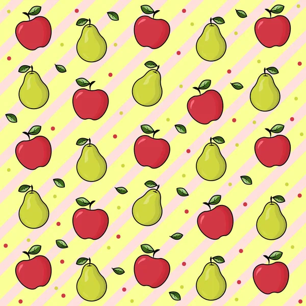 Bright fruit: pear, apple. Fruit print on on yellow lines background. Ripe red apple with leaf.  Ripe pear with a leaf. Vector pattern (background) for your design. EPS10.