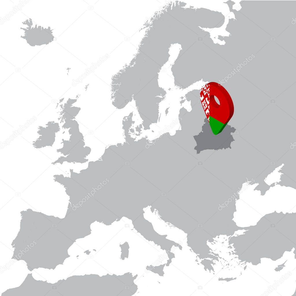 Republic of Belarus  Location Map on map Europe. 3d Belorussia  flag map marker location pin. High quality map of North Belorussia.  Vector illustration EPS10.