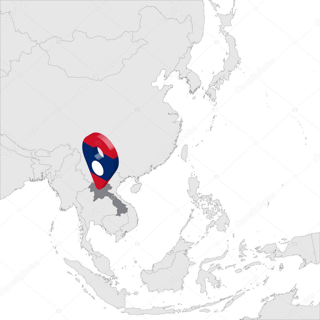Laos Location Map on map Asia. 3d Laos flag map marker location pin. High quality map of Lao People's Democratic Republic. Southeast Asia. Vector illustration EPS10.