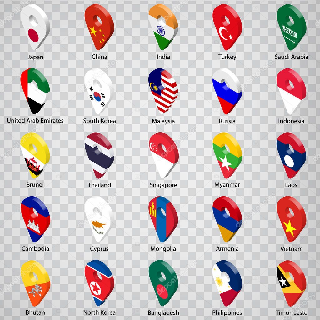 3D geolocation signs of twenty five Asian countries with inscriptions. Set of  twenty five 3d geolocation icons on transparent background. Flags of Asia countries in the form of geolocation signs.  EPS10.