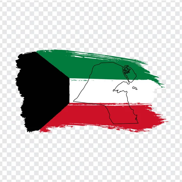 Bandiera Stato del Kuwait da pennellate e mappa vuota del Kuwait. Mappa di alta qualità Kuwait e bandiera su sfondo trasparente. Vettore azionario. EPS10 . — Vettoriale Stock
