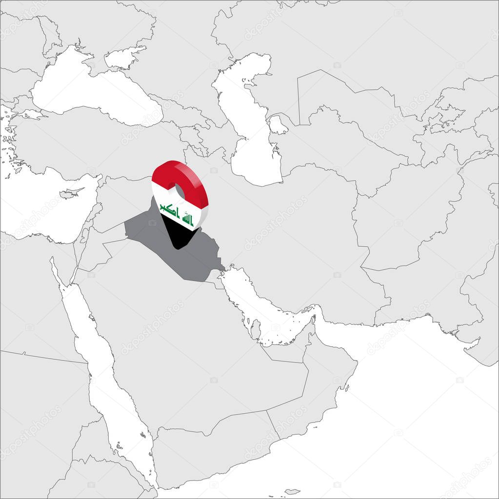 Republic of Iraq Location Map on map Asia. 3d Iraq  flag map marker location pin. High quality map Iraq. Near East. Vector illustration EPS10.
