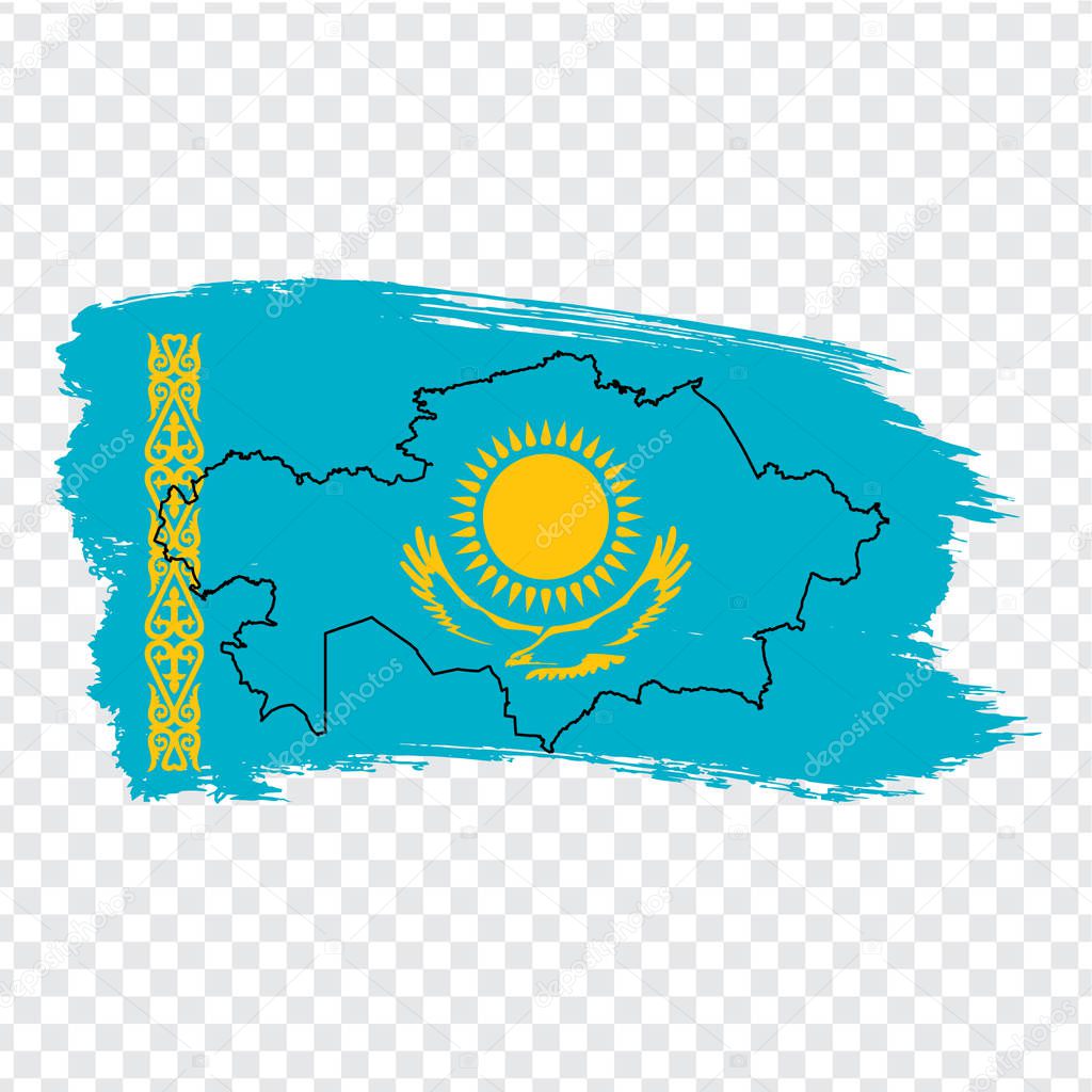 Flag  Republic of Kazakhstan from brush strokes and Blank map Kazakhstan.  High quality map Kazakhstan and flag on transparent background. Stock vector.  EPS10.
