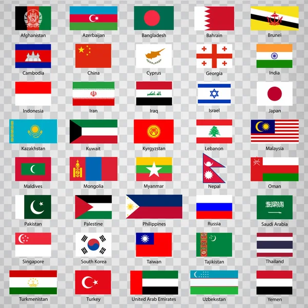 Quarenta bandeiras de países asiáticos. Lista de 40 bandeiras de países da Ásia com inscrições e proporções originais em fundo transparente. Bandeiras para o seu web site design, logotipo, aplicativo, UI. Vetor EPS10 . — Vetor de Stock