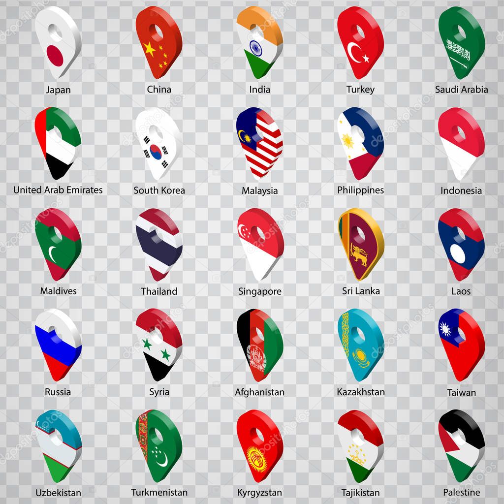 3D geolocation signs of twenty five Asian countries with inscriptions. Set of  twenty five 3d geolocation icons on transparent background. Flags of Asia countries in the form of geolocation signs.  EPS10.