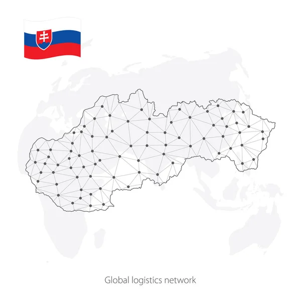 Globales Logistik-Netzwerkkonzept. Kommunikations-Netzwerk Karte der Slowakei auf dem Hintergrund der Welt. Karte der Slowakei mit Knoten im polygonalen Stil und Flagge. Vektorabbildung eps10. — Stockvektor