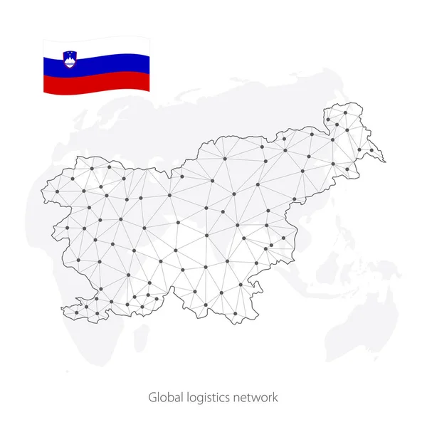 Concepto de red logística global. Mapa de la red de comunicaciones Eslovenia en el contexto mundial. Mapa de Eslovenia con nodos en estilo poligonal y bandera. Ilustración vectorial EPS10 . — Archivo Imágenes Vectoriales