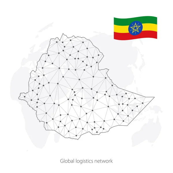 Concepto de red logística global. Mapa de la red de comunicaciones Etiopía en el contexto mundial. Mapa de Etiopía con nodos en estilo poligonal y bandera. Ilustración vectorial EPS10 . — Archivo Imágenes Vectoriales