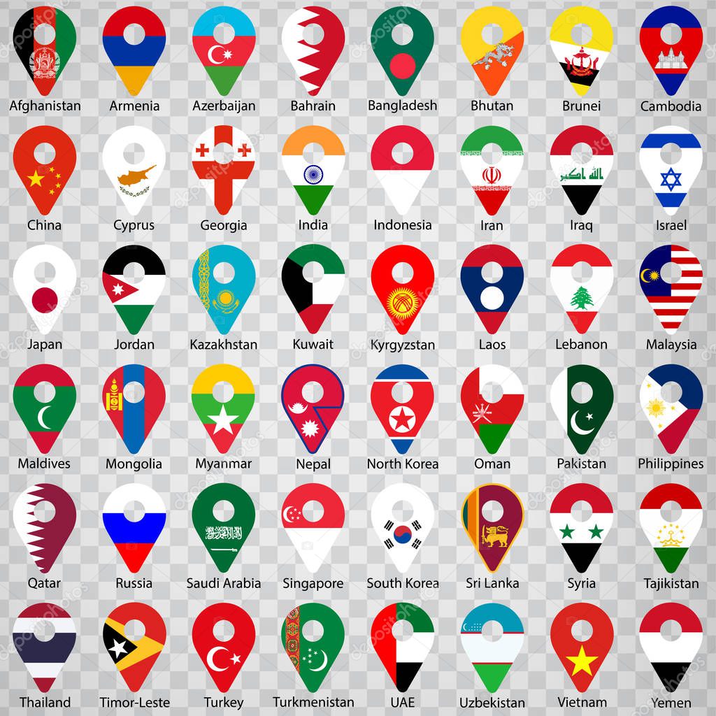 Flags of all Asian countries - alphabetical order with name.  Set of geolocation signs like flags of Asian countries.  Forty Eight Asian Countries. Geolocation signs for your web site design, logo, app, UI. EPS10.