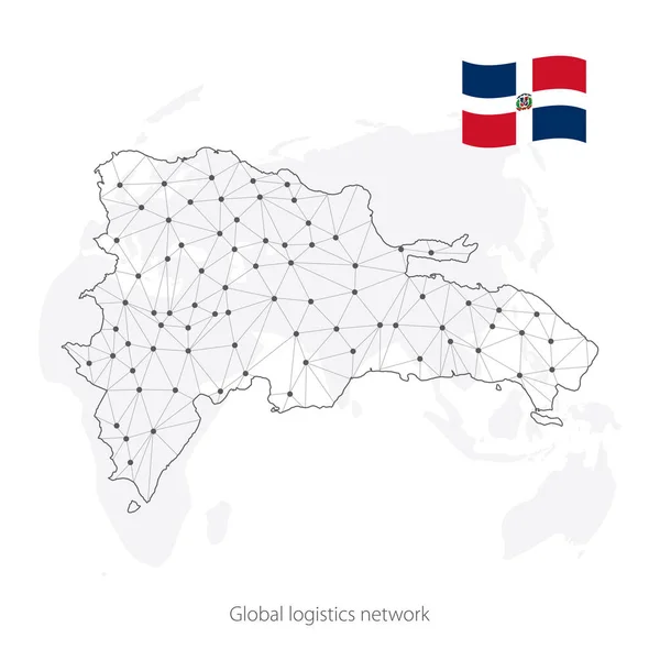 Wereldwijd logistiek netwerkconcept. Communicatie netwerkkaart Dominicaanse Republiek op de achtergrond van de wereld. Kaart van Dominicaanse Republiek met knooppunten in veelhoekige stijl en vlag. Vector illustratie Eps10. — Stockvector
