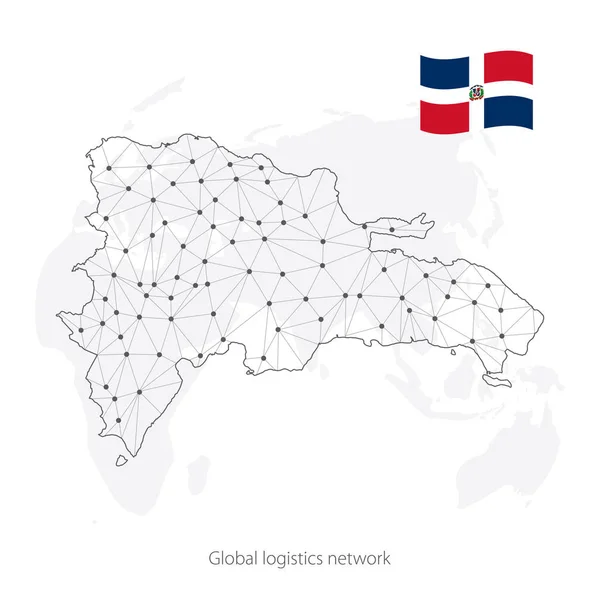 Globales Logistik-Netzwerkkonzept. Kommunikationsnetzkarte Dominikanische Republik auf dem Hintergrund der Welt. Karte der Dominikanischen Republik mit Knoten im polygonalen Stil und Flagge. Vektorabbildung eps10. — Stockvektor