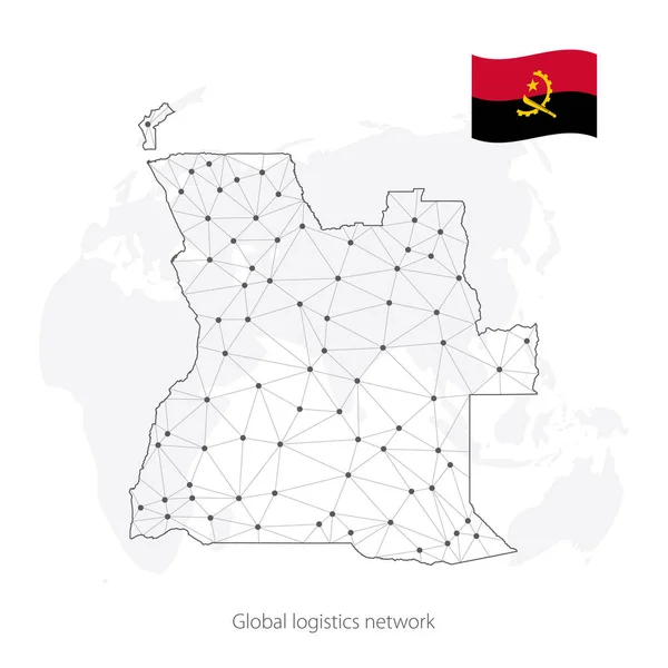 Concepto de red logística global. Mapa de la red de comunicaciones Angola en el contexto mundial. Mapa República de Angola con nodos en estilo poligonal y bandera. Ilustración vectorial EPS10 . — Archivo Imágenes Vectoriales