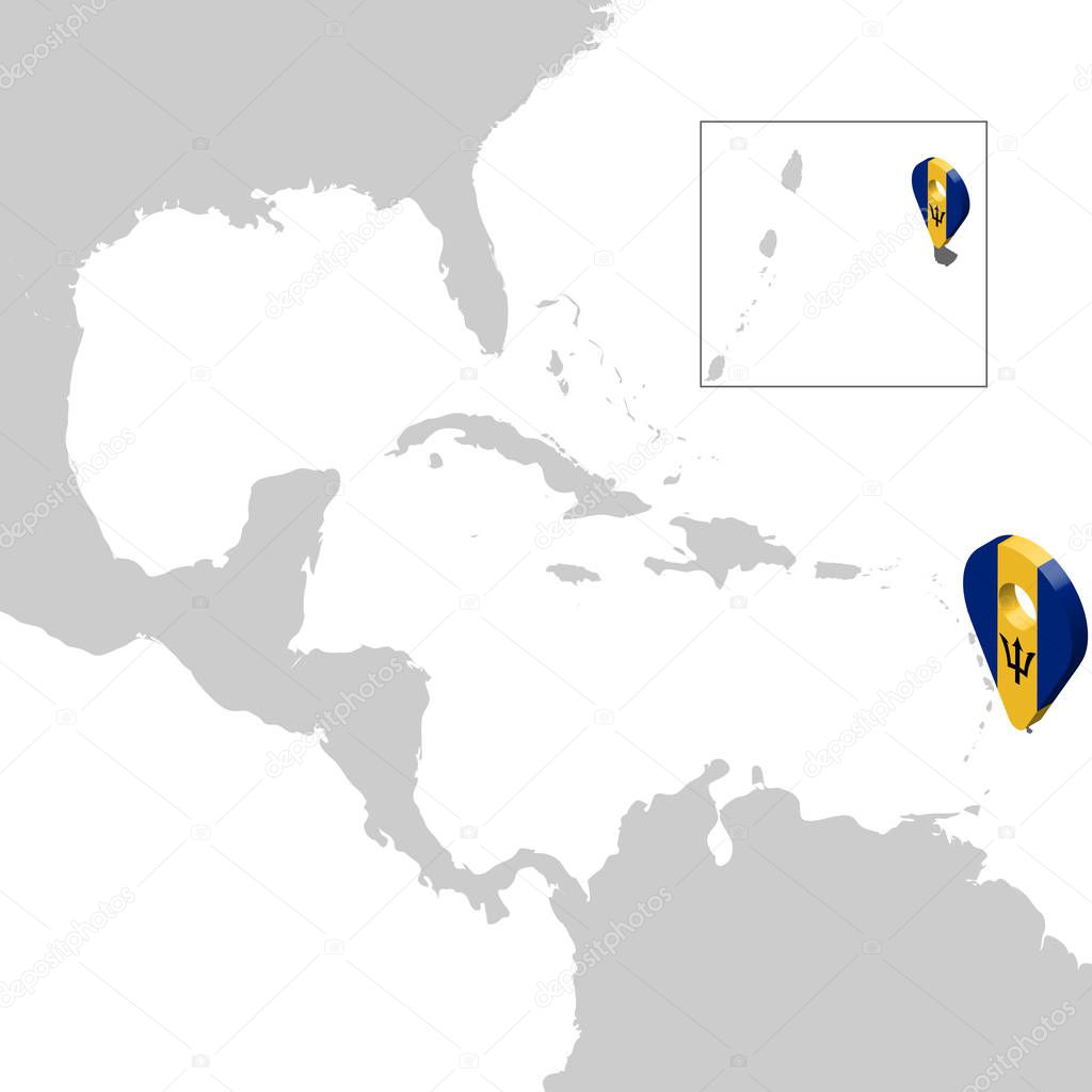 Location Map Barbados on map  Central America. 3d Barbados flag map marker location pin. High quality map Barbados. Vector illustration EPS10.