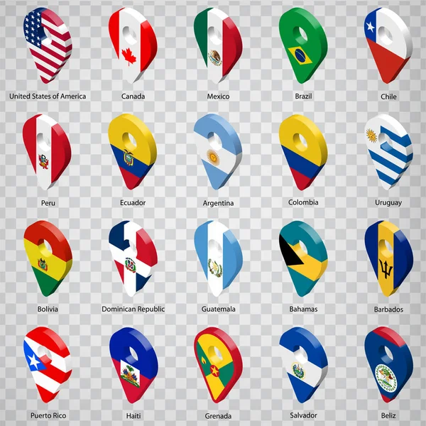 Segni di geolocalizzazione 3D di venti paesi Nouth America e Sud America con iscrizioni. Set di venti icone di geolocalizzazione 3d su sfondo trasparente. Bandiere dei paesi americani sotto forma di cartelli di localizzazione. EPS10 . — Vettoriale Stock