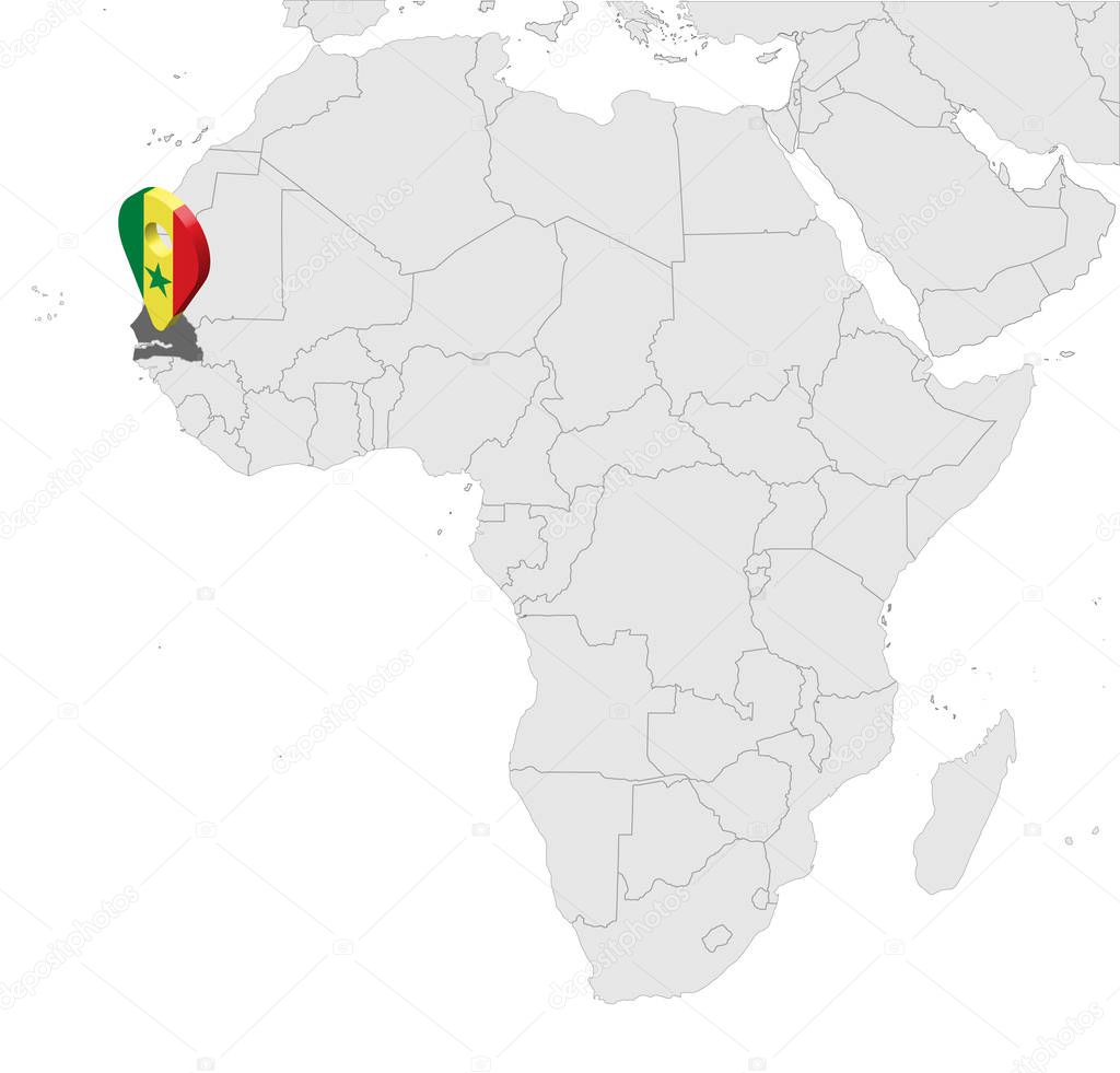 Location Map Republic of Senegal on map Africa. 3d Senegal flag map marker location pin. High quality map of Senegal.  Vector illustration EPS10.