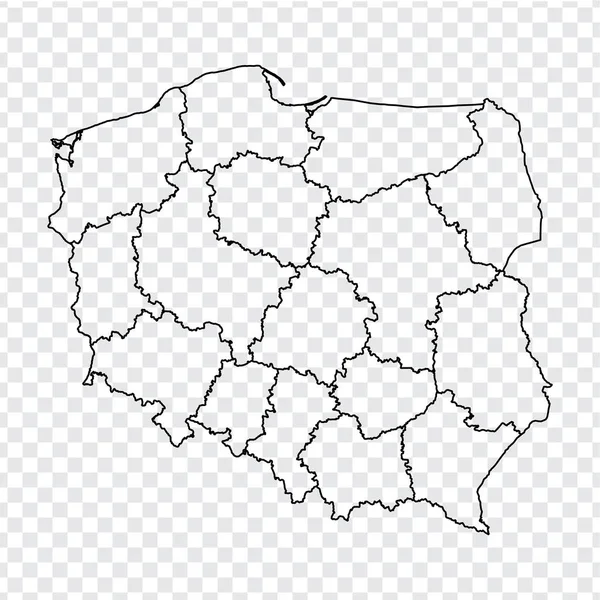 Pusta mapa Rzeczpospolita Polska. Wysokiej jakości mapa Polski z prowincjami na przezroczystym tle dla projektu strony internetowej, logo, aplikacji, UI. Wektor zapasów. Eps10. — Wektor stockowy