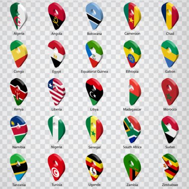Yazıtlı yirmi beş Afrika ülkesinin 3boyutlu coğrafi konum işaretleri. Saydam arka plan üzerinde yirmi beş 3d coğrafi konum simgeleri kümesi. Coğrafi konum işaretleri şeklinde Afrika ülkelerinin bayrakları. Eps10.
